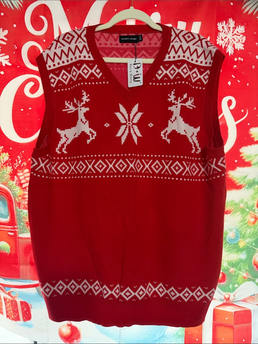 Red V-Neck Holiday Reindeer Sweater Vest
